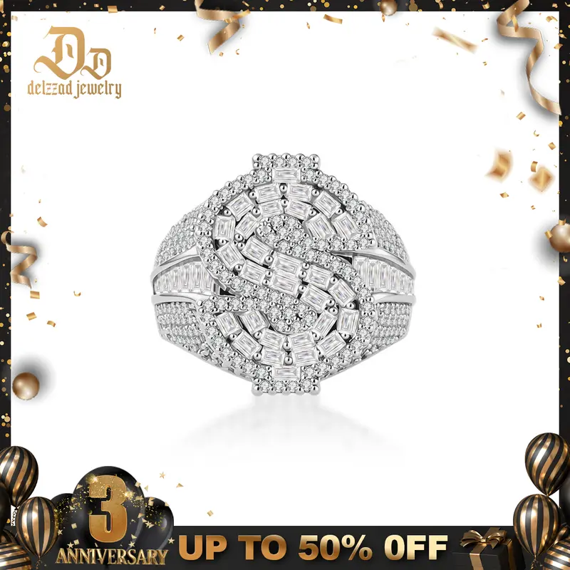 Delzzad 14K Gold-Plated 2.3ct Billionaire's Gaze Ring Iced Out Baguette USD Ring Band VVS Synthetic Moissanite Ring Jewelry Hip Hop Punk Rock Ring for Rapper Perfect Birthday Engagement Wedding Anniversary Christmas Easter Valentine's Day Gift