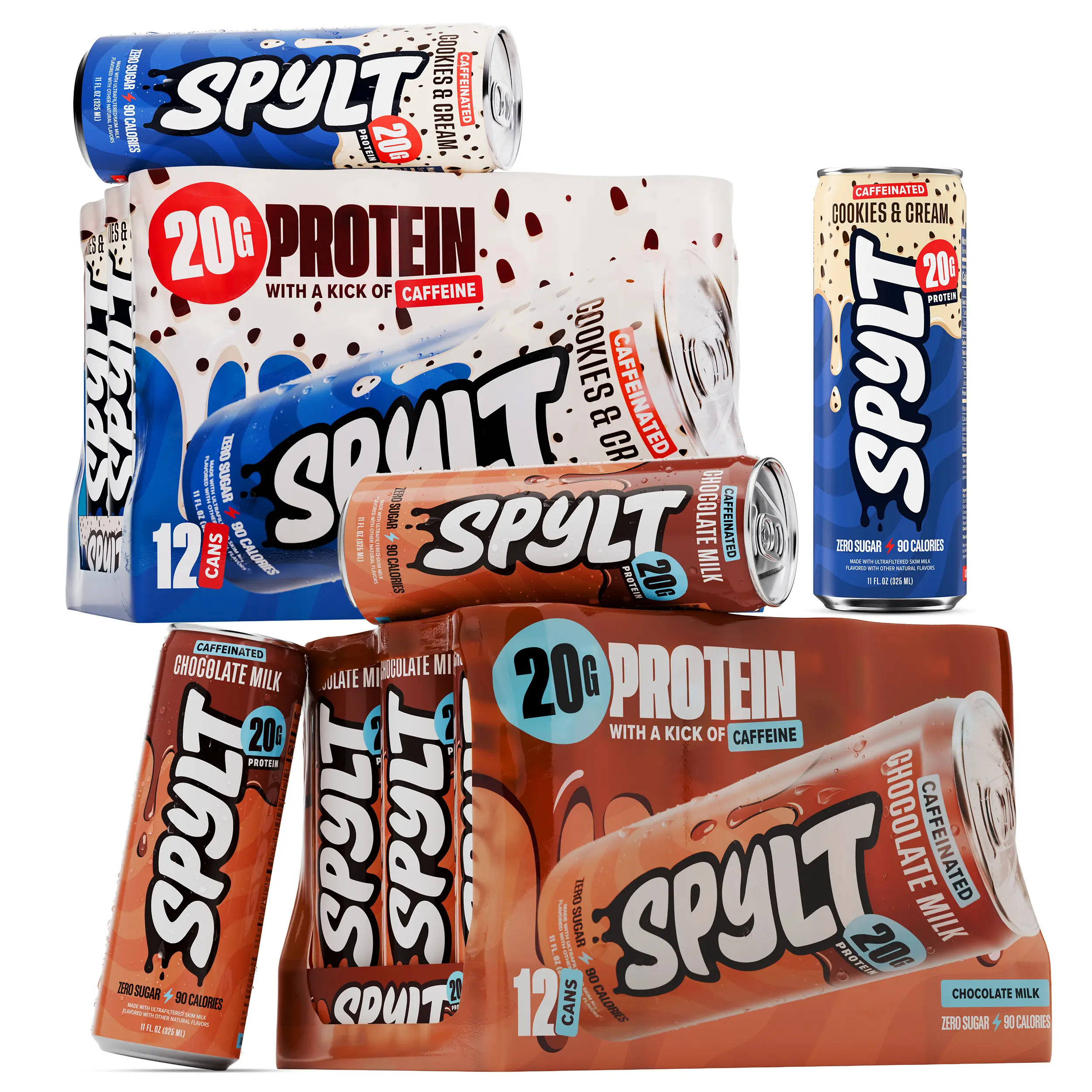 Spylt High Protein Chocolate + Cookies & Cream Milk Bundle | 60mg Caffeine, 20g Protein, 90 Calories | Ready to Drink, Sugar Free, Lactose Free Milk | Perfect for Workout Recovery & Afternoon Pick Me Up