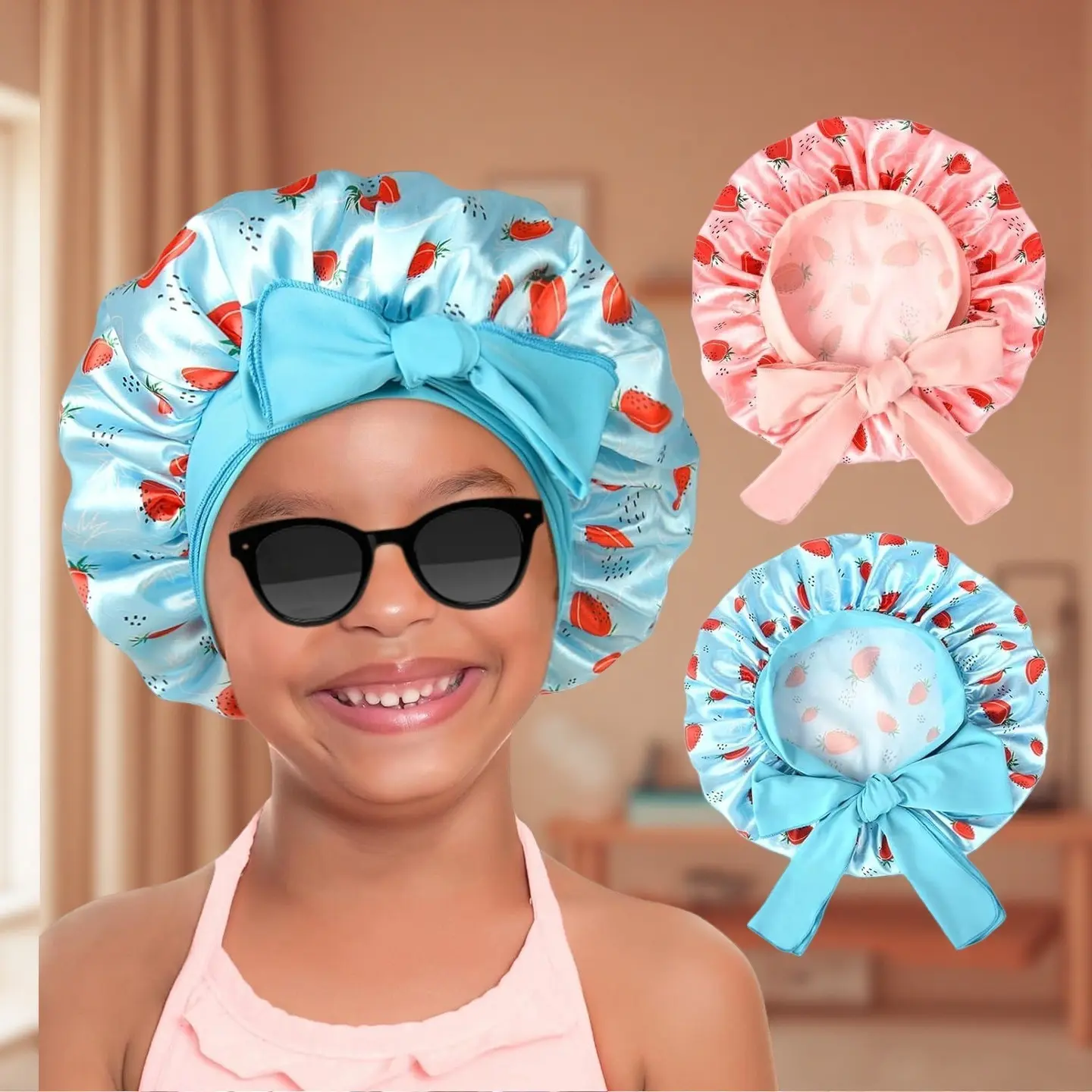 L-X09   2 PCS Baby Bonnet Set: Double Protection Silk Satin Sleeping Caps for Kids, Gently Secures Curly & Natural Hair for Infants & Toddlers - Prevents Frizz & Breakage
