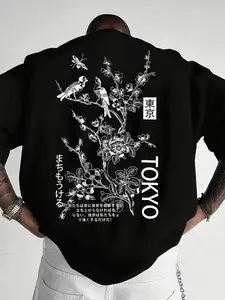 Men's Tokyo Cherry Blossom Print T-Shirt, Japanese Kanji Text, Casual Loose Street Style, Short Sleeve, All Seasons