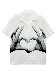 Valentine's Day Gift Cute Floral Shirt with Love Gesture Pattern, Couple's Casual Fitted Beach Shirt for Summer, Available in XS-Xxl