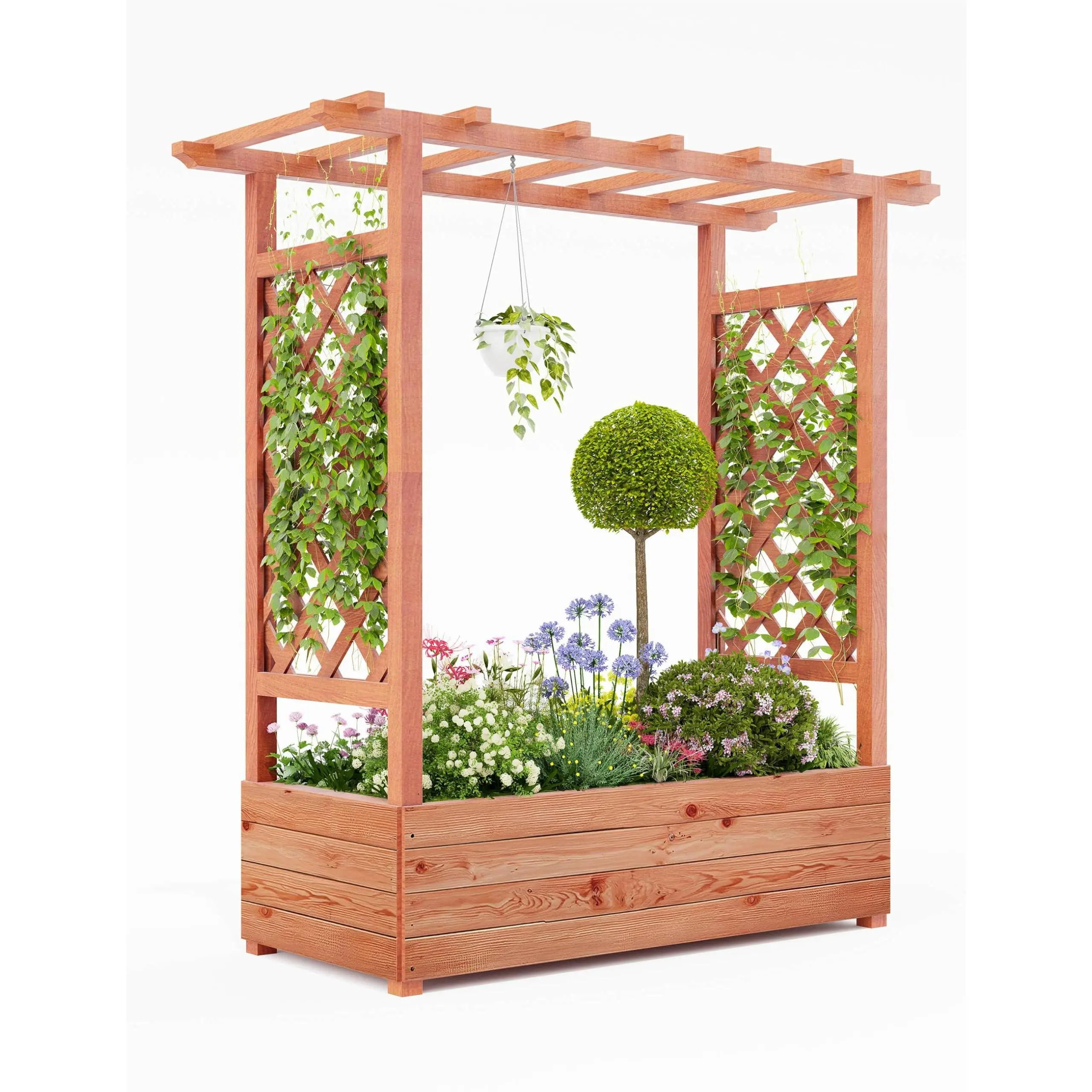 Elevated Wooden Garden Planter with Arch Trellis, Raised Bed with Hanging Roof & Side Trellis for Climbing Plants 43x17x45 in
