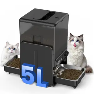 Automatic Cat Feeder for Two Cats, 5L/20 Cups Dual Bowl Dog Feeder with Adjustable Height, Programmable Timer, Voice Call, Slow Feed, Dual Power Auto Dry Food Dispenser for Multi-Pet Homes