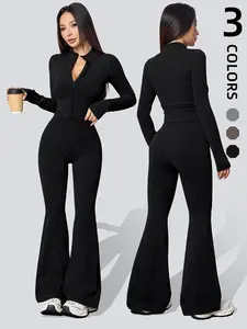 Women’s Seamless Sports Suit with Zipper Long Sleeve Shaping Top, Butt-Lifting Flare Pants, Casual Outdoor Fall & Winter Tracksuit Set