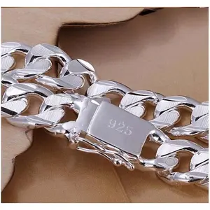10mm 925 Sterling Silver Plaid Chain Cuban Link Bracelet Jewelry, Bracelet for Cool Man , Perfect Gift for Boyfriend/girlfriend, Hypoallergenic Daily Accessory, Cuban Bracelets