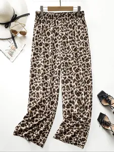 【Plus Size】 Plain / Leopard Print Elastic Waist Wide Leg Pants, Casual Fashion Trousers for Daily Wear, Ladies Bottoms for Spring & Fall, Casual Fitted Trousers, Casual Elastic Waisted