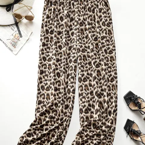 【Plus Size】 Plain / Leopard Print Elastic Waist Wide Leg Pants, Casual Street Trousers for Daily Wear, Ladies Bottoms for Spring & Fall, Casual Fashion Bottoms, Casual Style Bottoms, Casual Fitted Trousers, Casual Elastic Waisted
