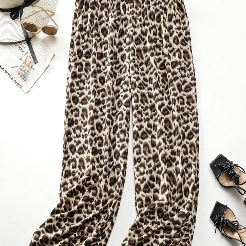 【Plus Size】 Plain / Leopard Print Elastic Waist Wide Leg Pants, Casual Street Trousers for Daily Wear, Ladies Bottoms for Spring & Fall, Casual Fashion Bottoms, Casual Style Bottoms, Casual Fitted Trousers, Casual Elastic Waisted