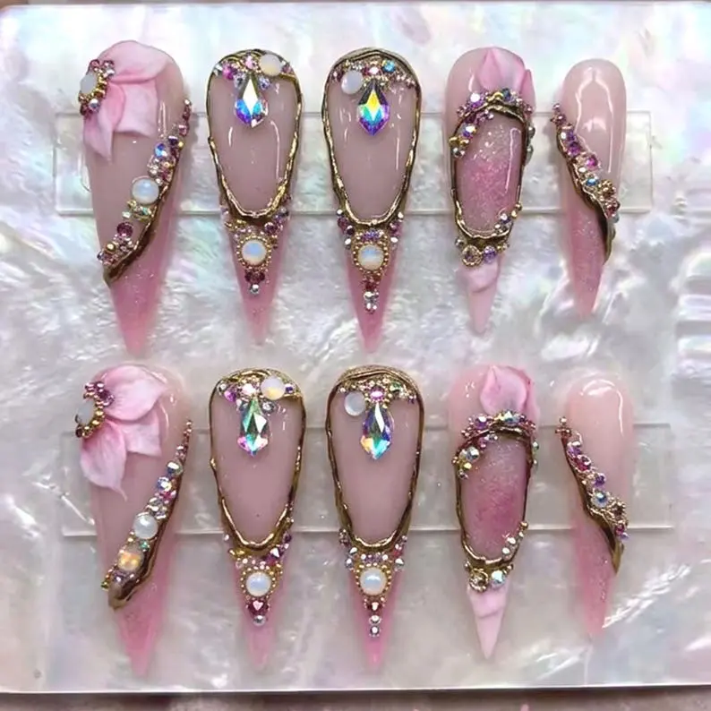 Pink Luxury Press On Nails, 3D Flower & Crystal Rhinestone Design, Handmade Bling Glam Stiletto Fake Nails, Bridal Wedding Princess Nail Set