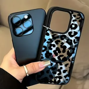 Macaron Magnetic Phone Case ,Suitable for iphone 17 16 15 14 13 12 Promax and Samsung S25 S24 S23 S22 ,Adopting a black leopard print design,  Acrylic Back + Soft TPU Frame, Built-in Magnetic Ring, Bare-Metal Feel, Premium Look ,gift,Phone case