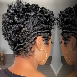 New Fashion Brazilian Remy Human Hair Wig for Women - 6-Inch Loose Curly Bob with Bangs & Gluelees, Y2K Style Rose Net Cap 180% Density Natural Look Daily Wear Wig, Versatile Hairstyle| Curly Pixie Cut| Brazilian Remy Hair