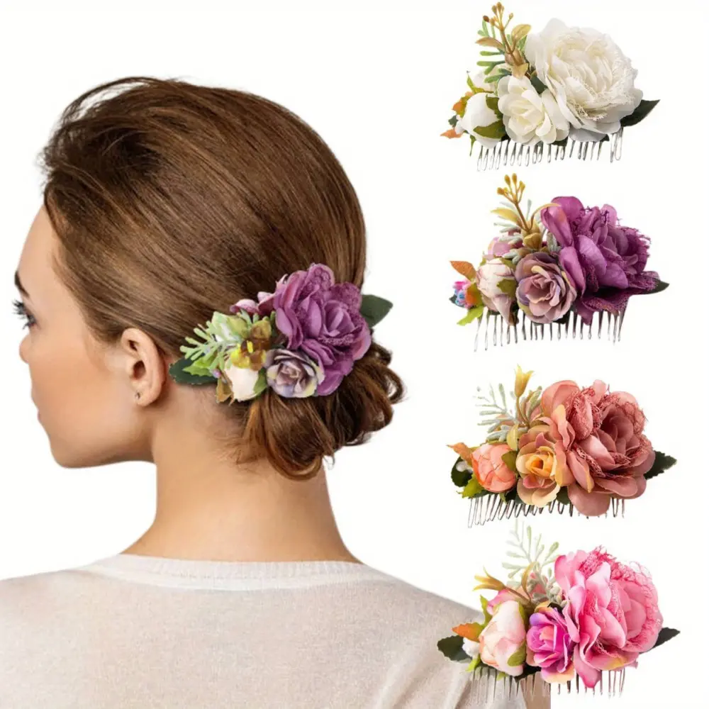 4 Pack White Pink Flower Metal Hair Side Combs Slides with Artificial Big Rose Wedding Bridal Clips Floral Headpieces Hairpins Barrettes Bun Hair Accessories for Women Flower Girl Bridesmaids