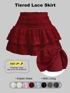 Women's Pleated Ruffled Mini Skirt with Lace High Waist Woven Attached Leggings Gathered Double-Layer Skirt Multi Layer Flared Design Comfortable and Soft Fabric Fashionable Short Skirt Suitable for Outdoor Leisure Activities Daily Wear Back to School