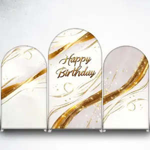 15-day Delivery White Gold Swirl Happy Birthday Arch Backdrop Cover for Wedding and Birthday