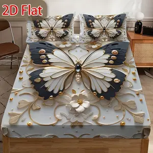 3pcs 2D Flat Gold Border Butterfly Bedding Set, 1 Fitted Sheet + 2 Pillowcases No Core, Home Dorm High Definition Print