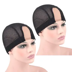 2 Pcs 1.4X3 Inch U Part Wig Cap for Making Lace Wig Dome Mesh Stretch Weaving Wig Caps (Medium Black)