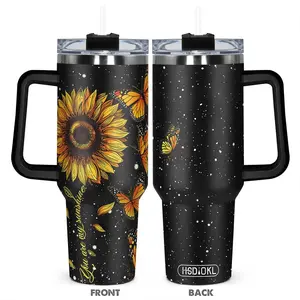 40oz Tumbler, 1 Count Stainless Steel Cup with Handle, Reusable Vacuum Insulated and Durable Tumbler with Sunflower and Butterfly Pattern, Great Gift for Nature Lovers, Drinkware