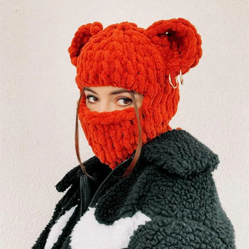 Bear Ear Balaclava Beanie Chain Outdoor Ski Winter Hat for Women, with Ear Protection and Knitted Design