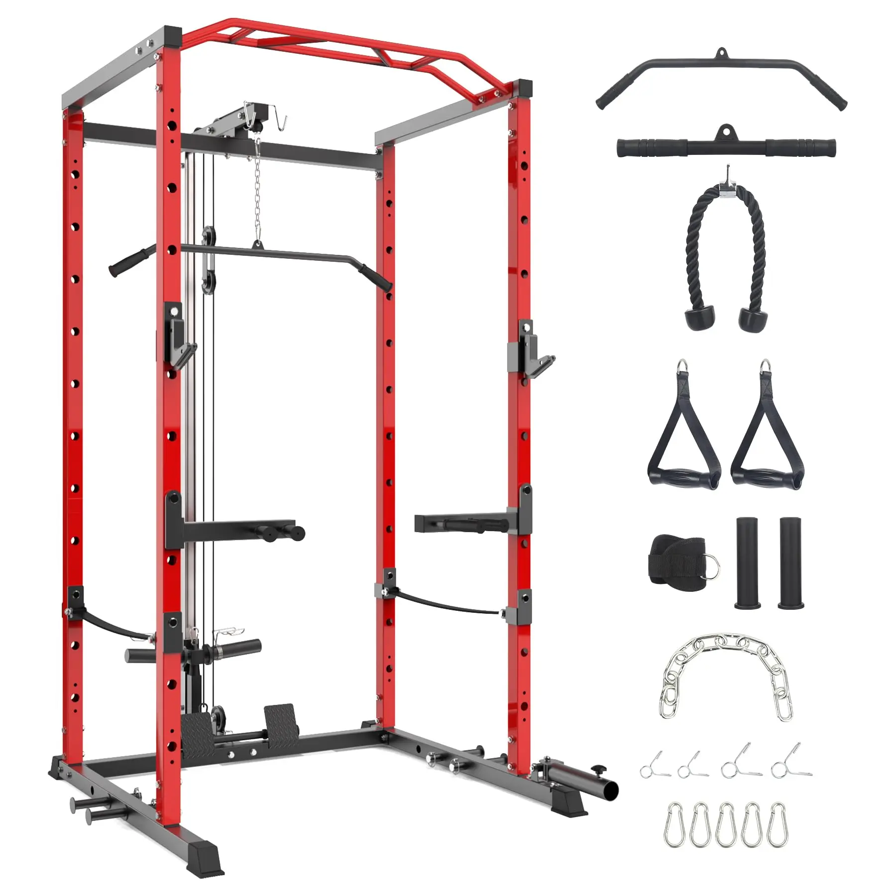 Gaomon Multifunctional Workout Station - Adjustable Workout Equipment, Squat Machine with LAT Pulldown, Cable Pulley System, J-Hooks, Dip Bars, Landmine Attachment (Black/Red) Home Training Equipment Gym Set