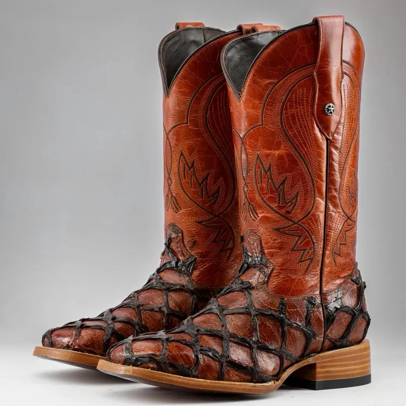 Cognac Jumbo Pirarucu Print Leather Boots - Square Toe