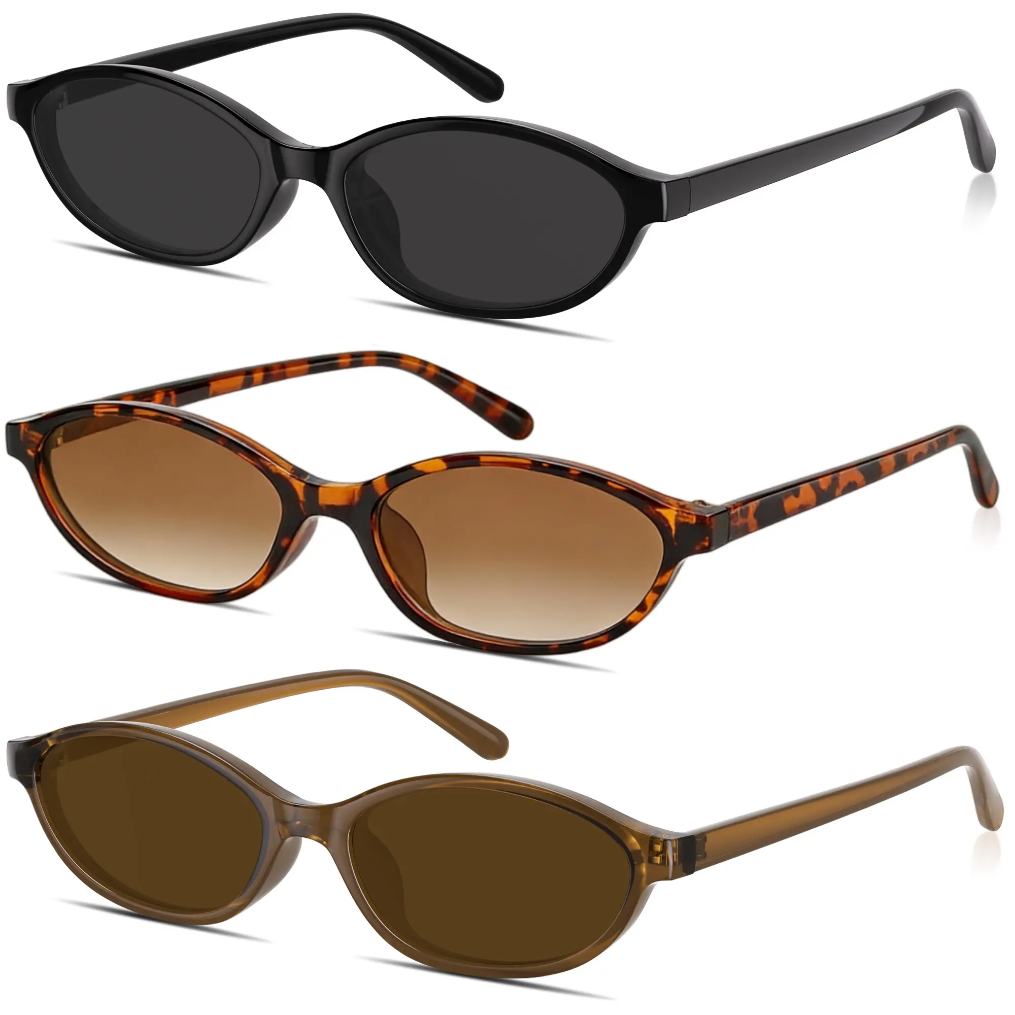 3 Pairs Women's Y2K Vintage Cat Eye Sunglasses, 90s Retro Oval Narrow Small Frame UV400 Lightweight Eyewear for Daily Wear, Beach, Street Fashion & Summer Outfits