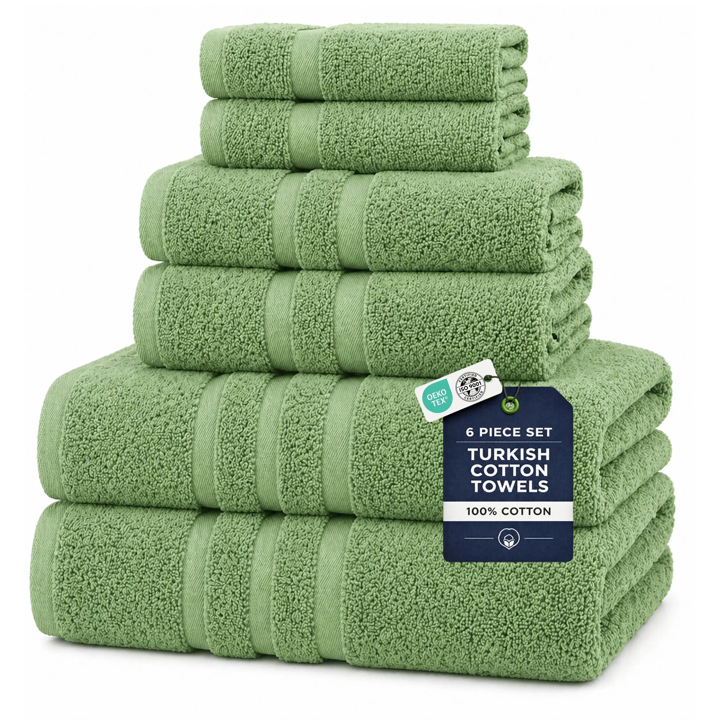 Veteran Textile LLC - 6 Pieces-Turkish Cotton - Luxury Towel Set for Bathroom & Kitchen, 2 Bath Towels, 2 Hand Towels & 2 WashCloths *Valued $79.99* (Sage Green)