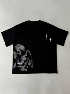 Dark Angel Graphic Oversized T-Shirt - TikTokShopBlackFriday Deals FallFashion, Trendy Streetwear Top, Grunge Cherub & Star Print, Stylish Casual Outfit, Versatile Daily Wear Essential, Viral TikTokShopFallDealsForYou Pick