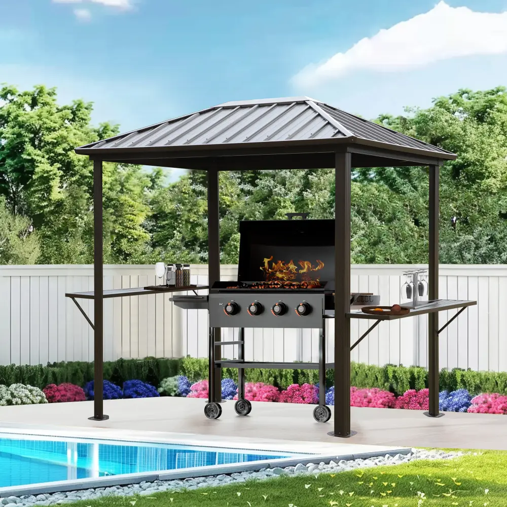 【Umbreco】Grill Hardtop Gazebo 6 x 8 FT – Outdoor Metal Pavilion with Galvanized Steel & Aluminum Frame, Shelves for Patio, Backyard & Garden
