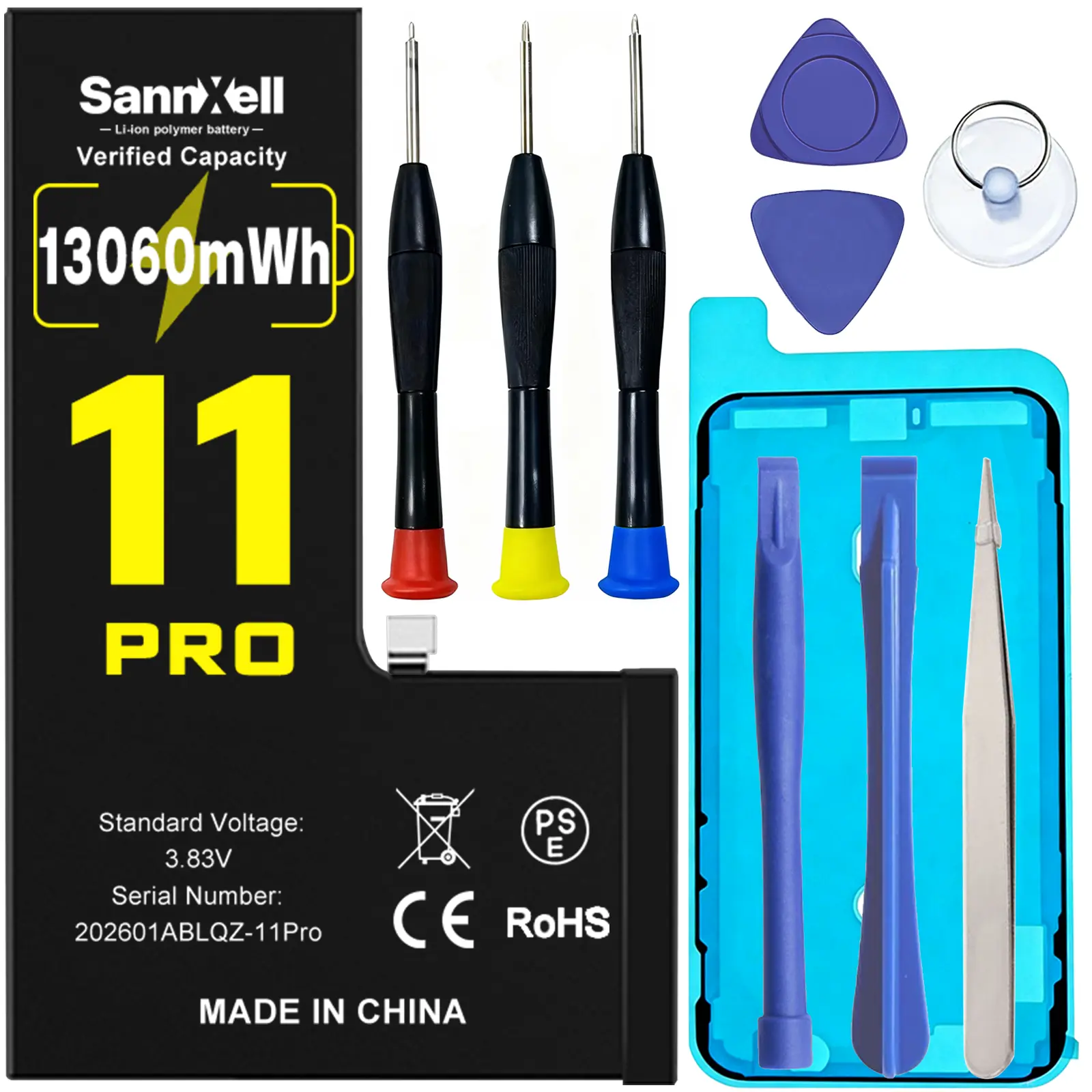 SannXell Upgraded High-Capacity Replacement Batteries for iPhone 11 Pro, 13060mAh Lithium Polymer 0-Cycle Battery for A2160/A2215/A2217 Models, with Full Repair Tool Kit for Heavy Users & Auto Lock Function