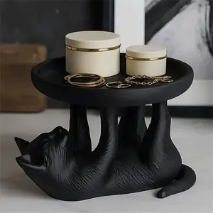 3D Sculpted Black Cat Tray, Cute Kitty Jewelry Trinket Dish, Desktop Organizer for Display Table Bedside, Decorative Ring Holder Stand Gift for Cat Lovers Women Mom