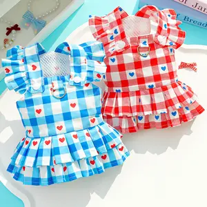 Pet Clothes Dog Cat Princess Dress Flying Sleeve sleeveless Cute Costume plaid love Patten Breathable With Leash Ring D00042