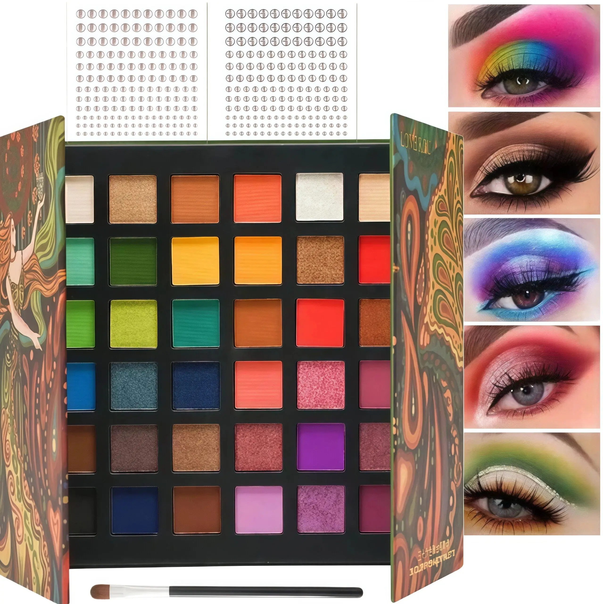 Vintage Oil Painting 36-Color Eyeshadow Palette, Alcohol-Free Sensitive Skin-Safe Smooth Cosmetic, Matte-Shimmer-Glitter Powder, Waterproof, Long-Lasting, Easy-to-Blend, Vibrant Pigment Compact Kit with Bonus Brush & Face Rhinestones for Cosplay, Stage
