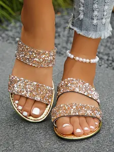 Cool Sparkle Rhinestone Women's Sandals, Multi-Color Full Rhinestones, Anti-Slip Flat Sole, Summer Dating Vacation Shoes, Glitter Decorated Sandals, Party Footwear