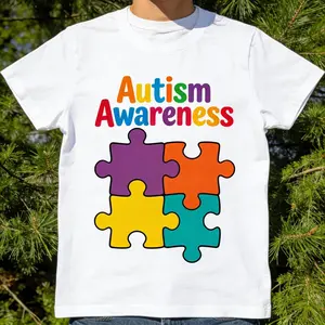 Vibrant Puzzle Piece Design Autism Awareness T-Shirt with Playful Stick Figures and Soft Cotton Fabric