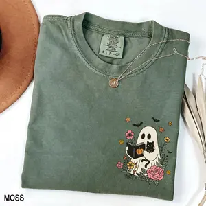 Floral Ghost Reading Book Shirt, Comfort Colors Cute Ghost Cat Shirt, Book Lover Shirt, Ghost Reading Shirt, Librarian Halloween