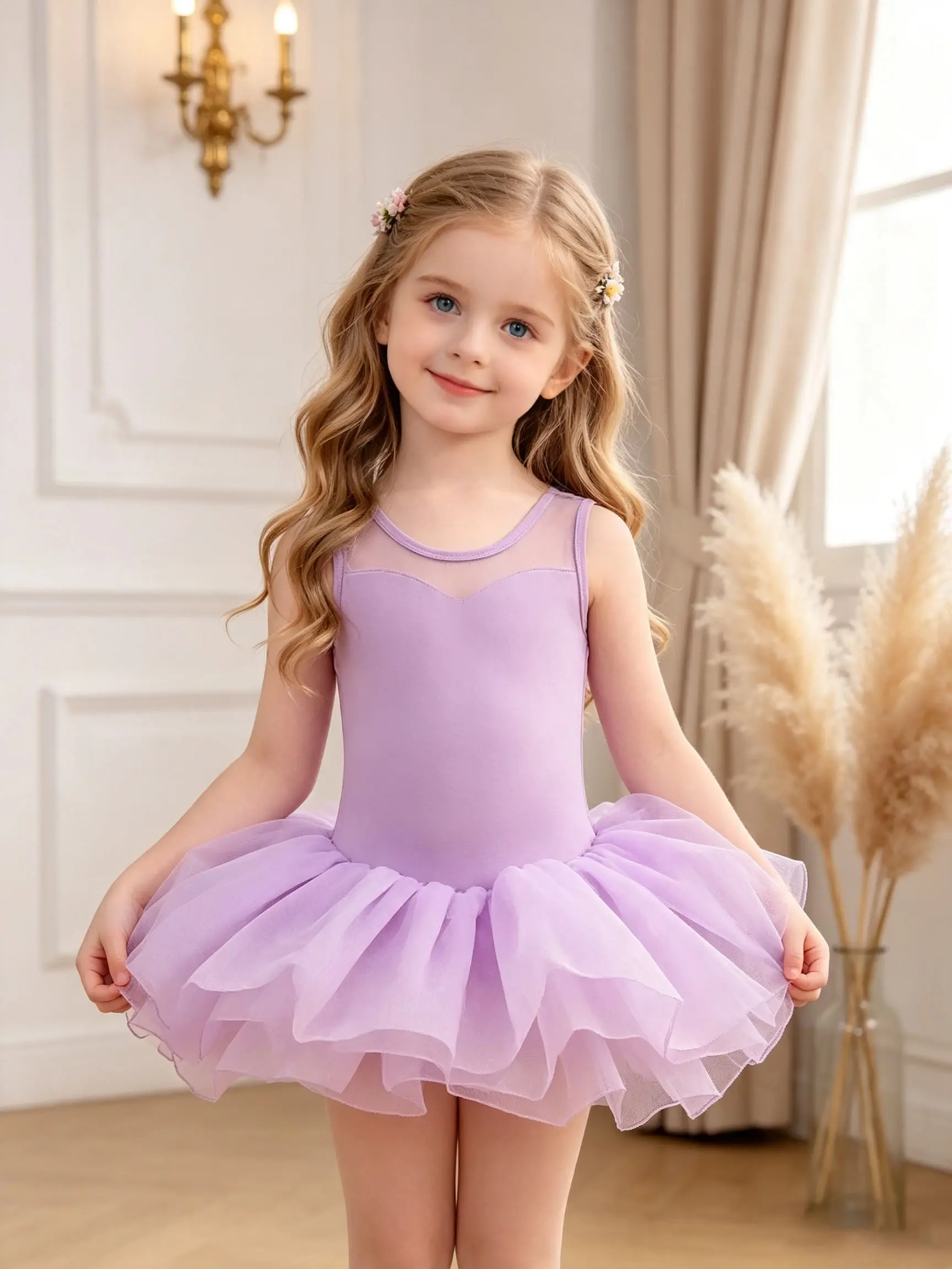 Girls' Sleeveless Mesh Heart Neck Tutu Leotard, Purple 1-Piece Tulle Dance Dress, Kids' Gymnastics Costume school gift