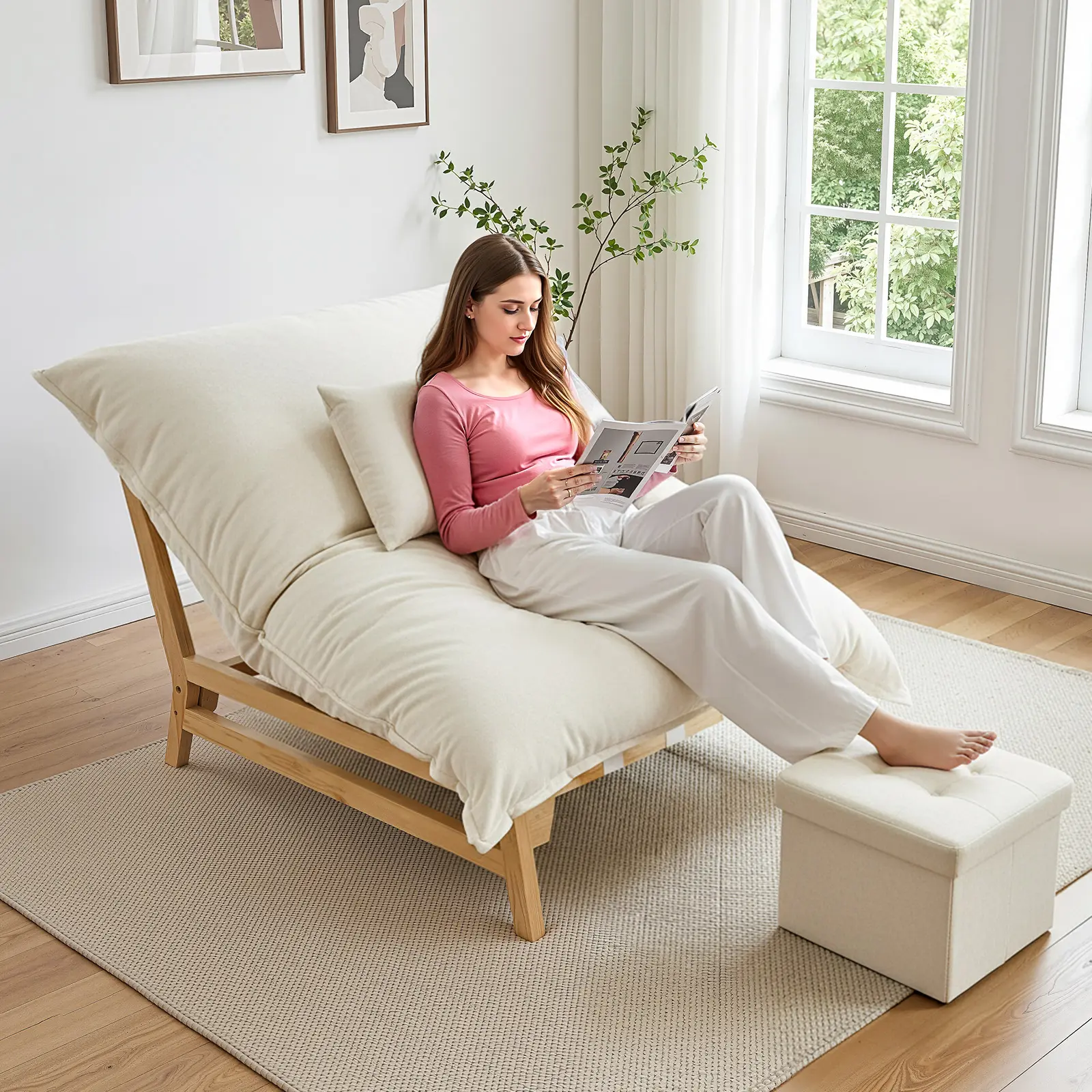 Naudacaa Oversized Chaise Lounge Chair with Storage Ottoman & Pillow, Modern Bean Bag Accent Sofa Chair with Wooden Frame, Comfy Sleeper Recliner for Adults, Reading Lounge Chair for Living Room & Bedroom