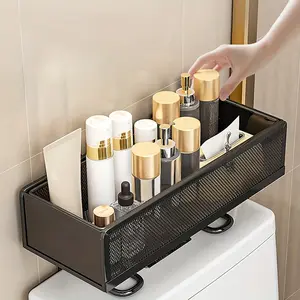 Wrought Iron Bathroom Shelf, Fine Mesh Shower Caddy, Toilet Top Paper Storage Rack, Bathroom Accessories, Bathroom Organizing Accessories, Suitable for Toiletries & Cosmetics Storage and Organization, Home Decor, Shelves