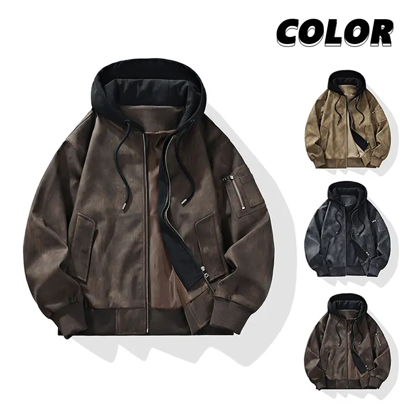 Vintage Faux Leather Hooded Bomber Jacket for Men Dark Brown Detachable Hood Multi Zipper Utility Pockets Ribbed Wrist Cuffs Oversized Y2K Skate Streetwear Lightweight Daily Outerwear Coat