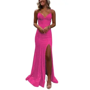 PUXIU Womens Sparkly Prom Dresses Hot Pink with Slit Sexy Spaghetti Strap Mermaid Prom Dresses for Women 2025 Backless 4