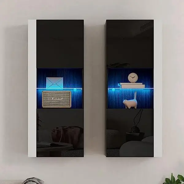 AMERLIFE Wall Storage Cabinets with LED Lights, Modern High Gloss Hanging Cabinets with 4 Closed Doors & Open Glass Shelves, for Living Room/Bedroom