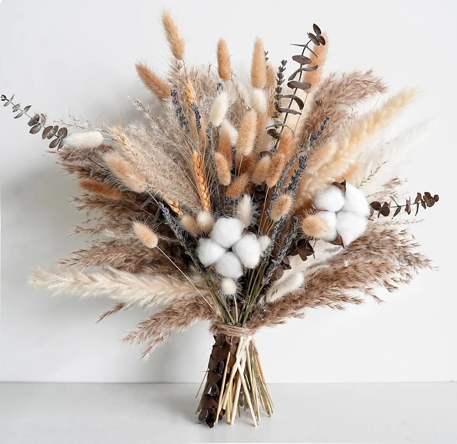 Natural Dried Modest Decorative Bouquet - Pampas Grass, Cotton Stems, Bunny Tails, Eucalyptus, Lavender, Wheat - Low Maintenance, Earthy Tone Blend, Boho Rustic Charm Gift-Ready Decor for Living Room, Wedding