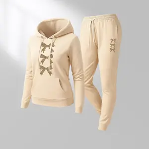 Women's Leopard Print Bow Print Hoodie And Drawstring Track Pants Set, Casual Sportswear, Long-Sleeved Hooded Jacket And Pants, Suitable For Autumn And Winter, Everyday Wear, Indoor And Outdoor Sportswear, Casual Sportswear.