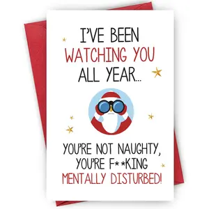 Savage Santa Xmas Card - "YOU'RE F**KING MENTALLY DISTURBED!" Dark Humor | Blue Telescope & Gold Stars, Suitable for Edgy Friends, Naughty Christmas Gifts, Fun Party Cards