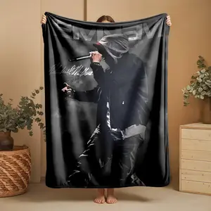 1 piece Eminem live concert high-definition photos themed flannel blanket - Flannel woven blanket in modern style, suitable for sofas and beds, all-season use, super soft and comfortable, digitally printed pattern, machine washable and durable