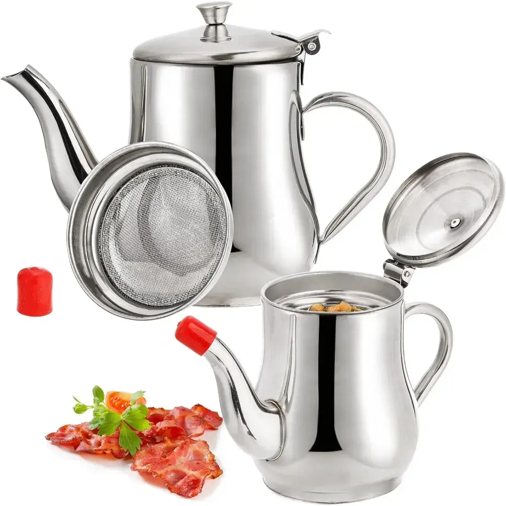 70oz Non-Stick 304 Stainless Steel Bacon Grease Container with Filter, Large Capacity Oil Storage Can, Easy Pour Spout, Reusable Oil Strainer for Frying Oil, Cooking Grease & Kitchen Essentials