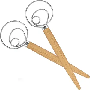 2 Pack Danish Dough Whisk 13.5” Dough Whisk Stainless Steel Dutch Style Bread Whisk Wooden Handle Danish Whisk for Bread, Batter, Cake, Pastry
