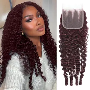 ANMETAN #99J Burmese Curly HD Lace Closure Only Human Hair, Dark Burgundy Burmese Curly Closure Free Part with Elastic Spiral Ends 3c4a Transparent HD Lace Closure Baby Hair 150% Density