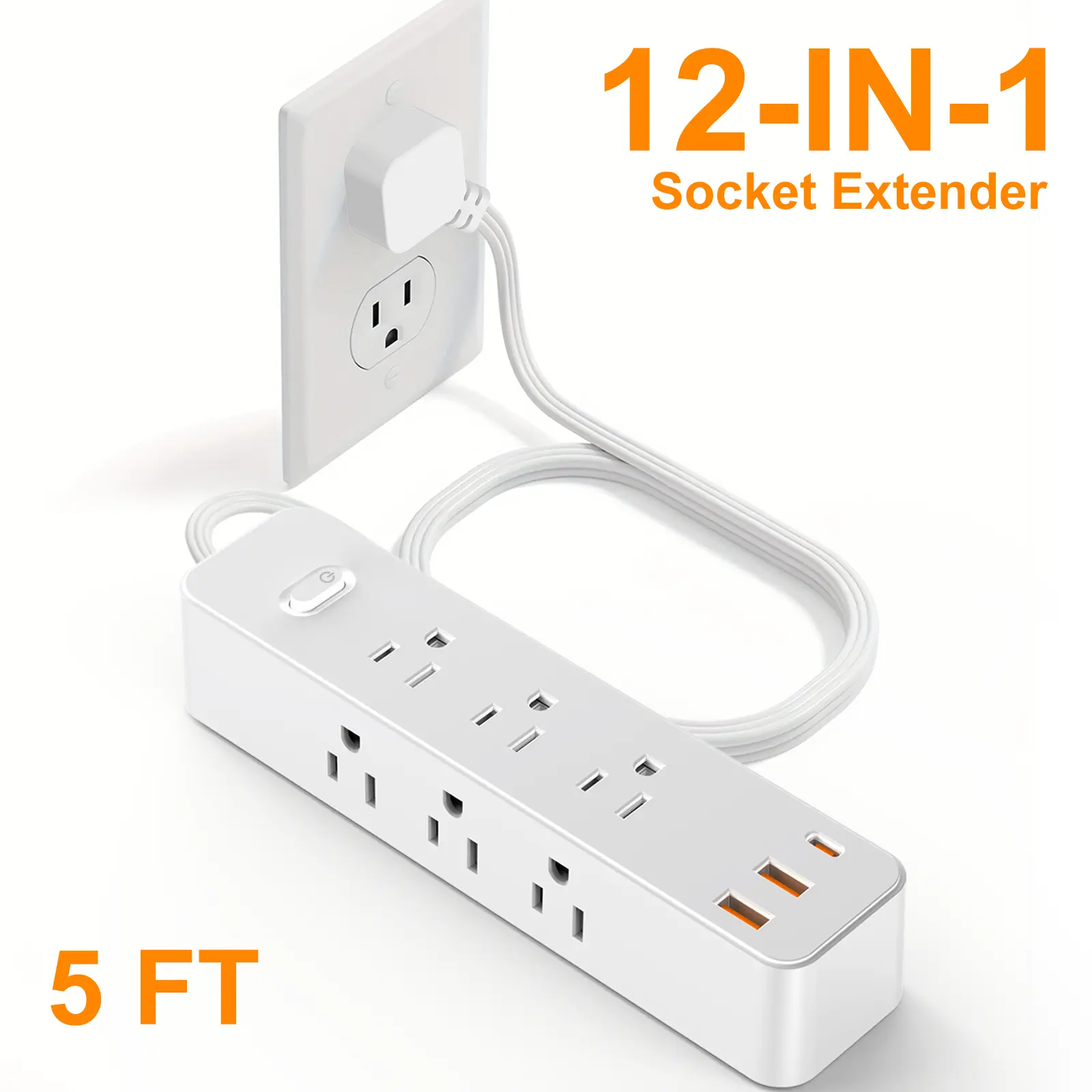 Surge Protector Power Strip, Extension Cord with 9 AC Outlets 3 USB (1 USB C) Ports, Flat Plug, Multi Outlet Wall Plug for Travel, College, Dorm Room Essentials