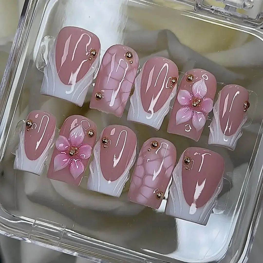 Pastel Shell Bloom Press-On Nails, 3D Pink Flowers, White French Tips, Shell Texture Accent, Glossy Nude Base, Dreamy Handmade Nail Set